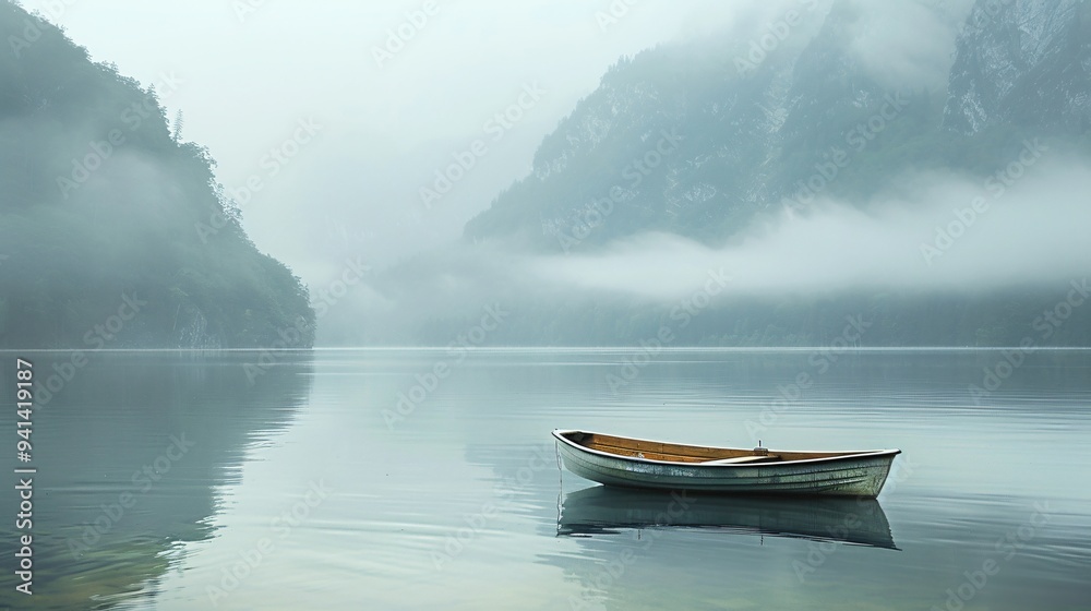Fototapeta premium Serene Lakeside Scene with Rowboat and Misty Mountains