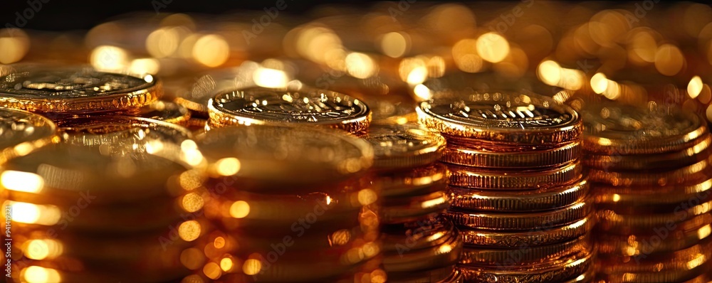 Close-up of shining gold coins stacked neatly, symbolizing wealth, investment, and prosperity in finance and economy. Close-up of shining gold coins stacked neatly, symbolizing wealth, investment, and prosperity in finance and economy.