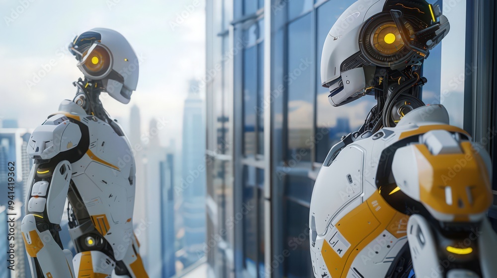 Highlight robots performing detailed inspections of a high-rise's framework, Highlight robots performing detailed inspections of a high-rise's framework,