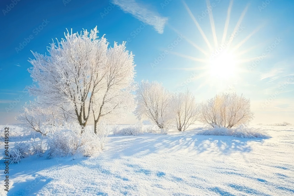 A serene winter landscape, featuring frosty trees and a bright sun illuminating the snowy ground under a clear blue sky.