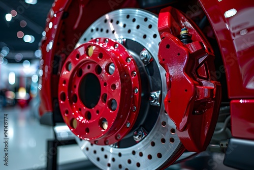 Close-Up of a High-Performance Red Brake System in a Modern Car