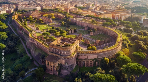 Highlight the ancient Aurelian Walls surrounding Rome, seen from above as they encircle the historic city center and its timeless landmarks.
