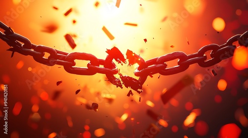 A symbolic image of a broken chain being lifted by a group of revolutionaries, red and gold hues, photorealistic, focus on liberation and national revolution