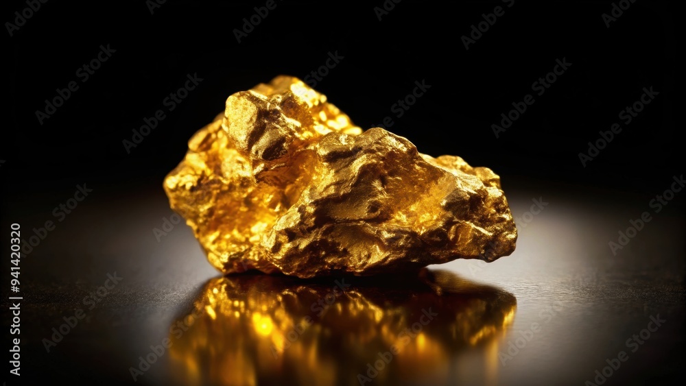 Shiny gold nugget on black background, precious metal, wealth, luxury, valuable, investment, treasure, shiny, yellow, mining