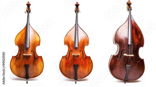 Three upright basses displayed side by side in a studio setting photo