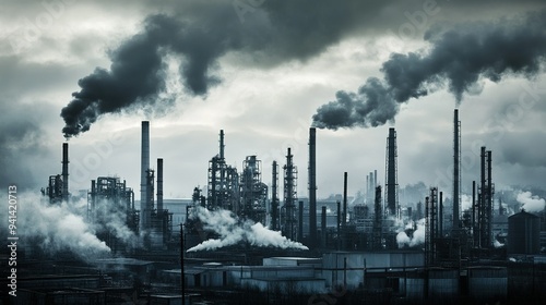 Industrial landscape with smokestacks releasing dark emissions into the cloudy sky at dusk near a manufacturing facility