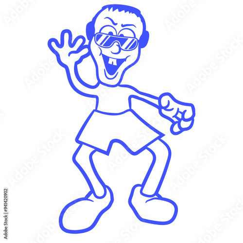 Waving Friendly Guy Man Happy Cheeky Music DJ Headphone Sunglasses Party Night Dancing Clubber Raver Comic Humor Cartoon Cool Fun Sound Disco Club Festival Band Concert Techno Raving Discothek Love