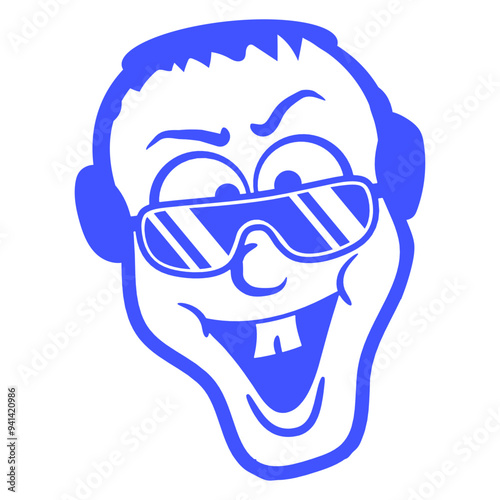Guy Head Laughing Happy Cheeky Face Music DJ Headphone Sunglasses Party Night Dancing Clubber Raver Comic Humor Cartoon Cool Fun Sound Disco Club Festival Band Concert Techno Raving Discothek Love