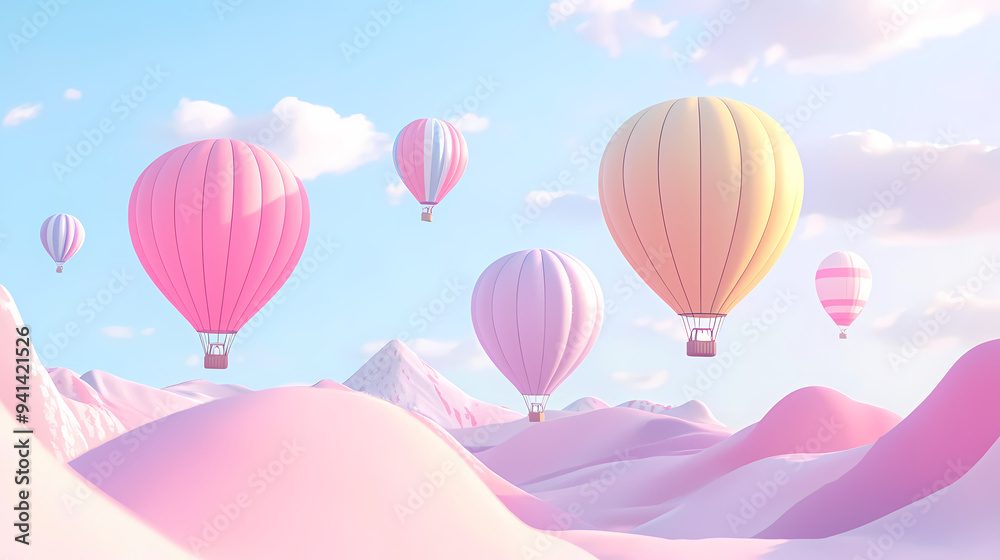 Hot Air Balloons Soaring Over Pastel Mountains Hot Air Balloons Soaring Over Pastel Mountains