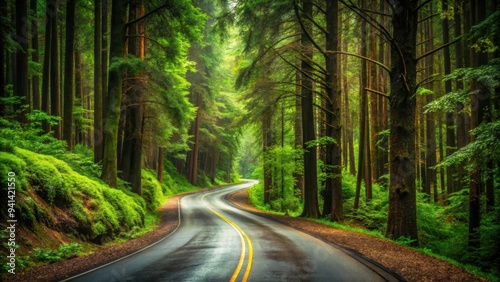 Road winding through dense forest , forest, trees, nature, path, journey, adventure, travel, green, foliage, scenic