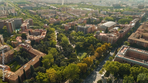 Highlight the educational institutions of Madrid, including universities and schools, nestled within the city's urban fabric in an aerial perspective.