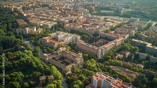 Highlight the educational institutions of Madrid, including universities and schools, nestled within the city's urban fabric in an aerial perspective.