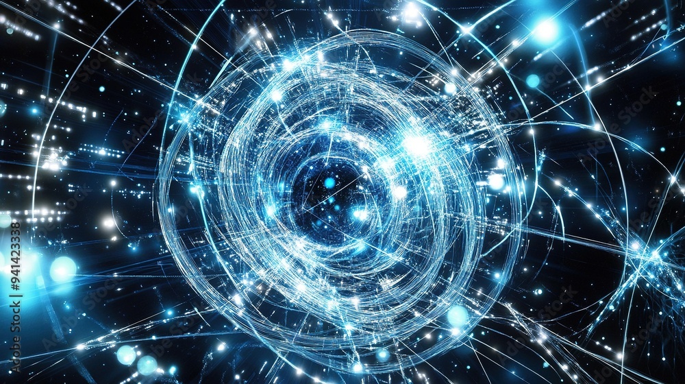 Obraz premium A dynamic abstract representation of energy waves and particles illuminated in deep space showcasing vibrant blue hues