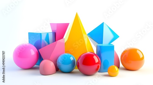 CG Abstract Geometric Shapes: A set of CG geometric shapes, including cubes, spheres, and pyramids, arranged artistically on a white background. 