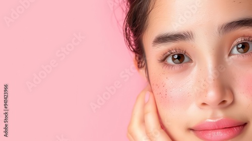 Beauty close-up of an Asian woman with luminous skin, soft features, and a radiant complexion, perfect for beauty and skincare content photo