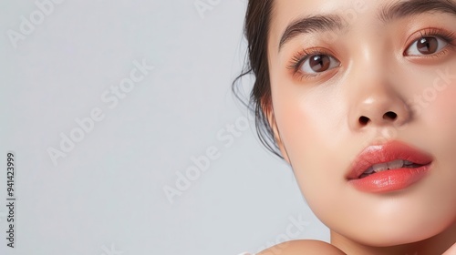 Beauty close-up of an Asian woman with luminous skin, soft features, and a radiant complexion, perfect for beauty and skincare content photo