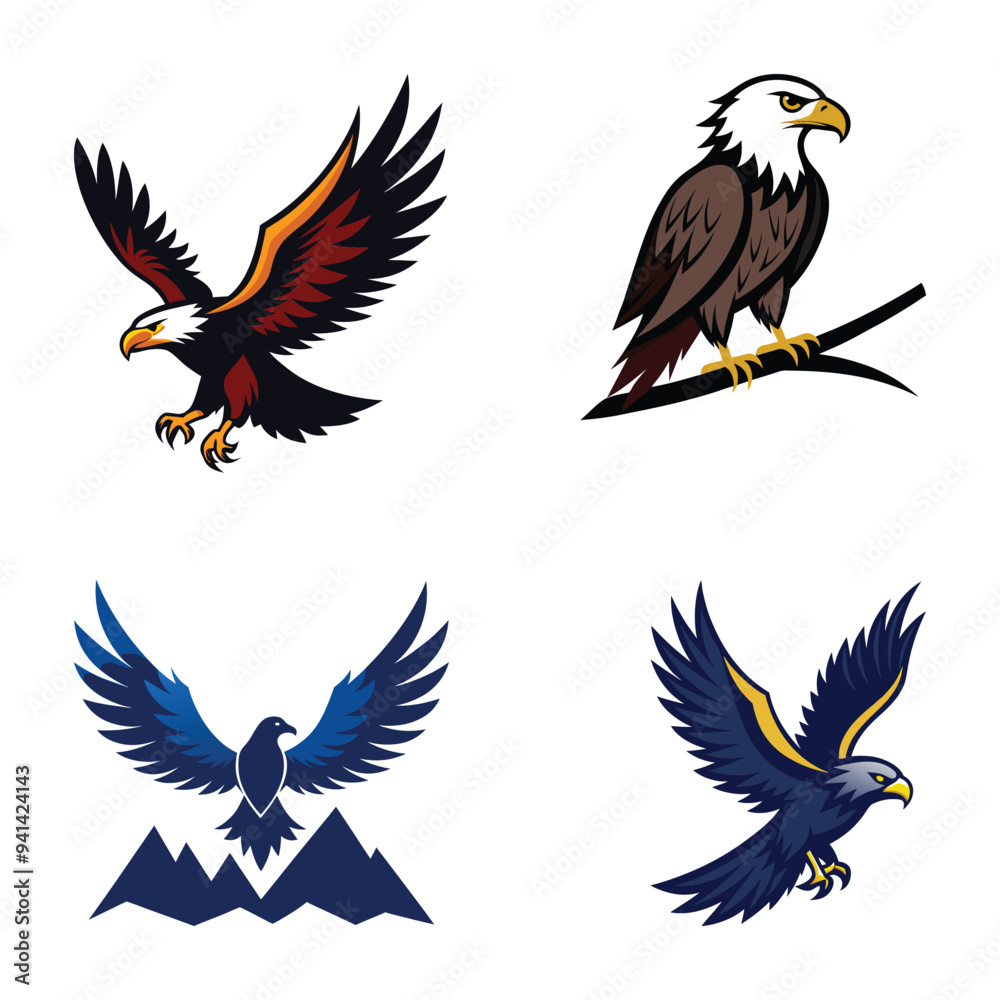 Fototapeta premium Set of silhouette eagle vector illustrations.