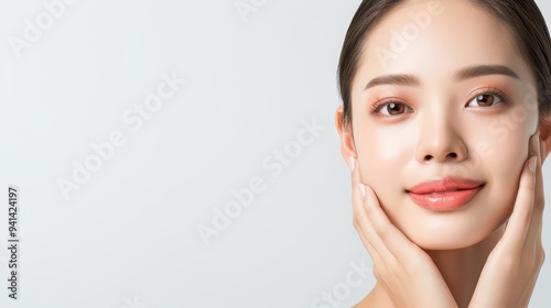 Beauty portrait of an Asian woman with luminous skin and soft texture, photographed on a white background for a clean, minimalist look