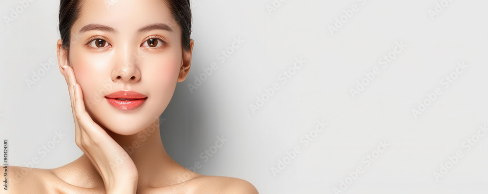 Close-up of an Asian woman with smooth, clear skin, emphasizing her natural radiance and beauty, set against a white background Close-up of an Asian woman with smooth, clear skin, emphasizing her natural radiance and beauty, set against a white background