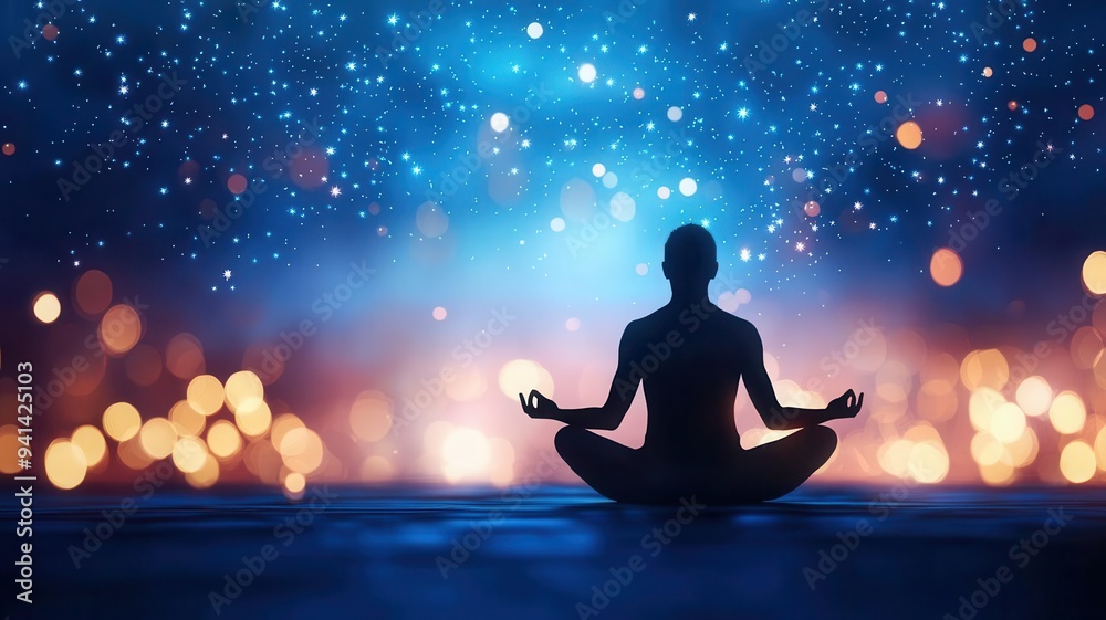 Silhouette of a person meditating with a starry night sky background, evoking peace and tranquility. Perfect for wellness and mindfulness themes. Silhouette of a person meditating with a starry night sky background, evoking peace and tranquility. Perfect for wellness and mindfulness themes.