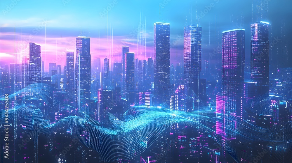 Glowing Futuristic Metropolis Skyline with Skyscrapers and Illuminated Networks at Dusk Glowing Futuristic Metropolis Skyline with Skyscrapers and Illuminated Networks at Dusk