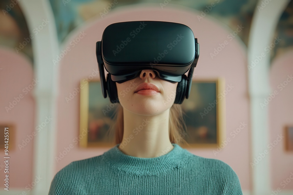 Young woman exploring virtual reality with VR headset in an artistic room, experiencing immersive technology. Young woman exploring virtual reality with VR headset in an artistic room, experiencing immersive technology.