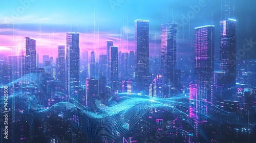 Wallpaper Mural Glowing Futuristic Metropolis Skyline with Skyscrapers and Illuminated Networks at Dusk Torontodigital.ca