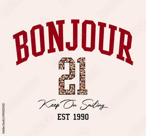 Embellished college slogan graphic print for t-shirt design as vector. Gold sequin design with text.