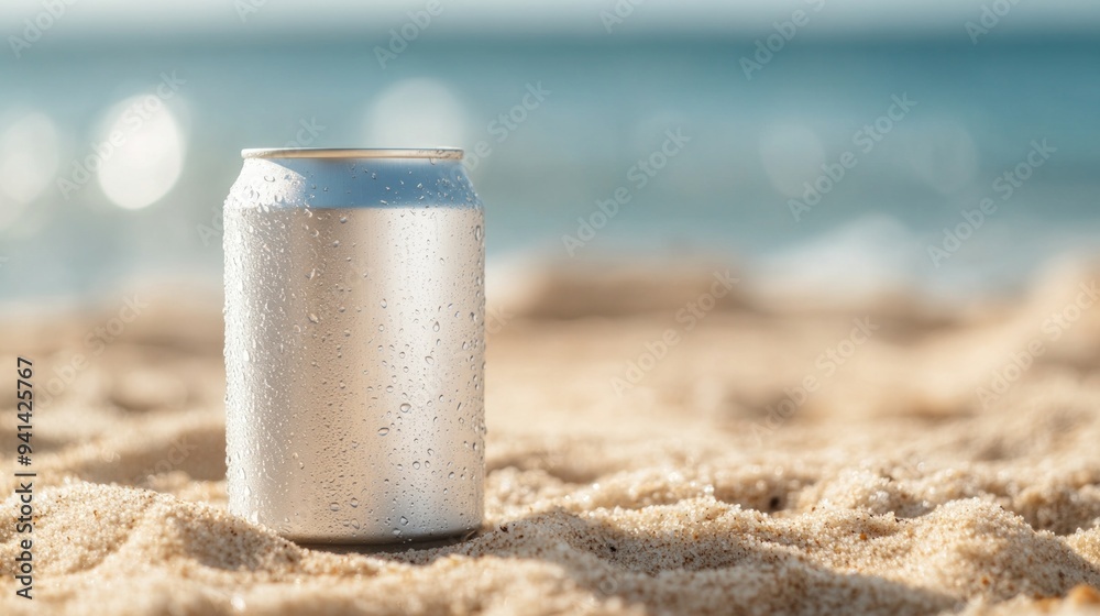 Aluminum can of beer on sandy beach, sunlit scene, refreshing beverage awaiting enjoyment, minimalist ambiance, clean lines, inviting summer atmosphere Aluminum can of beer on sandy beach, sunlit scene, refreshing beverage awaiting enjoyment, minimalist ambiance, clean lines, inviting summer atmosphere