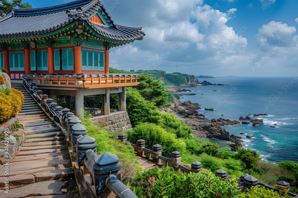 Obraz premium Serene Coastal Temple Overlooking the Ocean