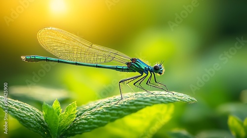 A delicate green damselfly perches on a sunlit leaf, basking in nature's warmth.