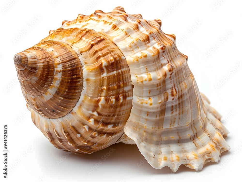 Detailed Spiral Seashell Macro Shot on White Background Detailed Spiral Seashell Macro Shot on White Background