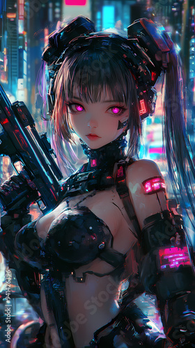 Futuristic Anime Girl with Gun and Weapon Cyborg Synthwave Phone Wallpaper