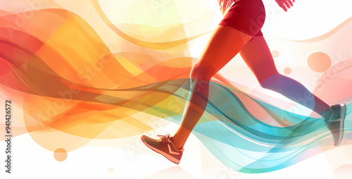 Fitness-theme background with abstract shapes and a running woman, Dynamic and energetic, Modern and stylish design, Health and wellness theme