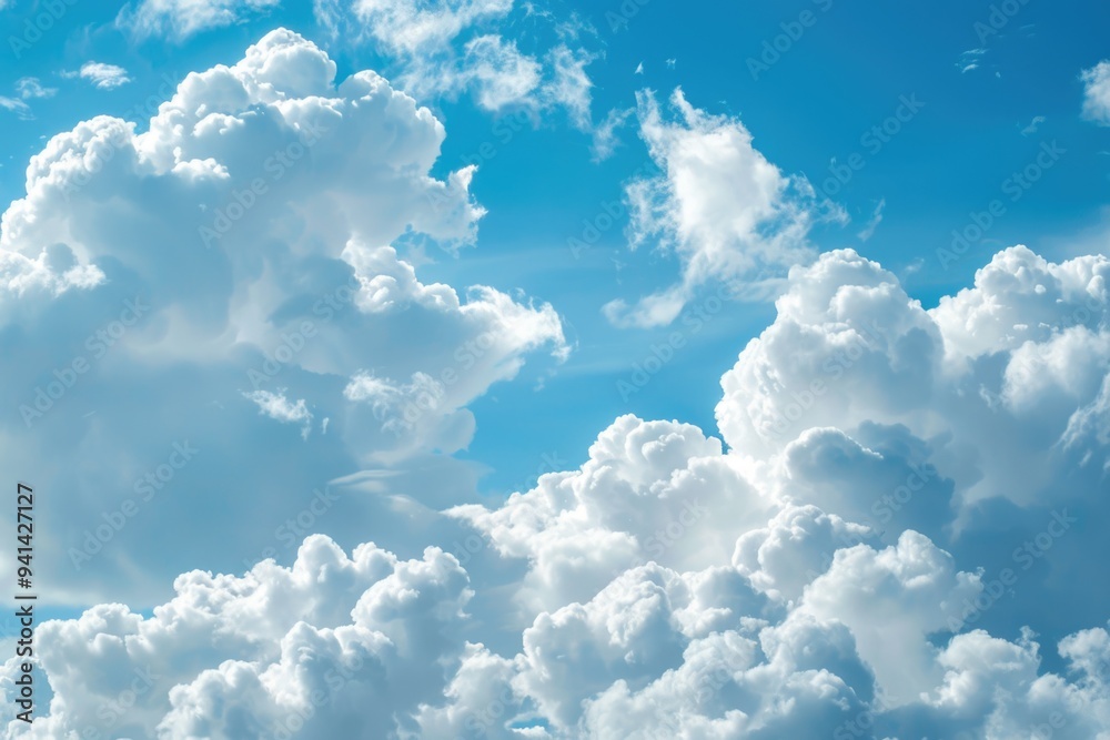 A plane flying high in the sky with clouds of varying sizes and shapes A plane flying high in the sky with clouds of varying sizes and shapes