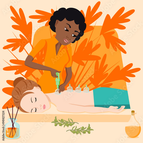 Cup massage. Treatments by professional therapist in spa. Vacuum therapy. Isolated flat vector illustration. African and European ethnicity.