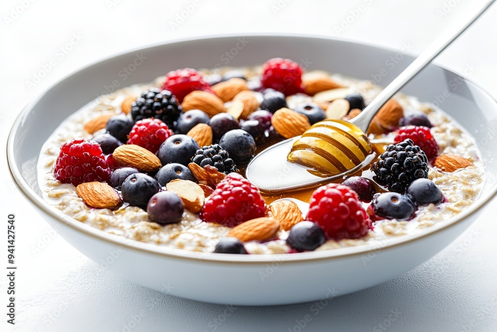 A healthy breakfast spread featuring a bowl of overnight oats topped with almonds, berries, and honey, with a spoon dipped into the bowl