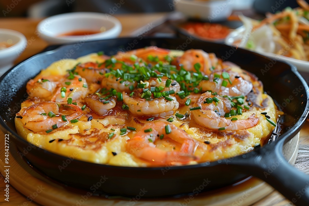 Delicious Shrimp Pancake Served in a Cast Iron Skillet Delicious Shrimp Pancake Served in a Cast Iron Skillet