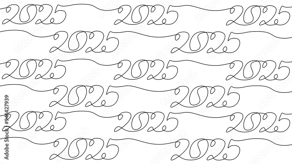2025 New Year single continuous line seamless pattern. Holiday greeting card headline decoration. Date numbers concept design. One sketch outline drawing white vector illustration 2025 New Year single continuous line seamless pattern. Holiday greeting card headline decoration. Date numbers concept design. One sketch outline drawing white vector illustration