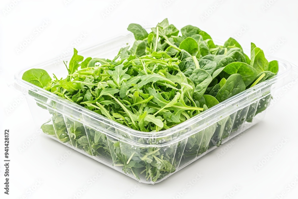 A clean and simple image of freshly washed organic greens including spinach and arugula in a clear plastic container A clean and simple image of freshly washed organic greens including spinach and arugula in a clear plastic container