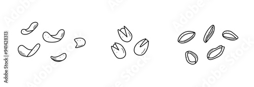 Potato crispy chips, dried or fried onion squid rings, snacks salted nuts in a shell, Pistachios doodle cartoon vector.