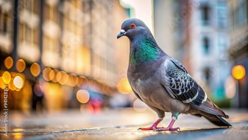 Close-up photo of a pigeon standing on a city sidewalk , urban, bird, feathers, wildlife, city, pavement, gray, wings, perched photo