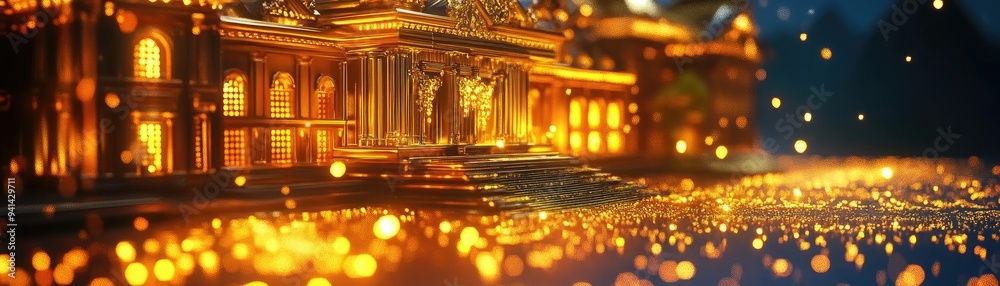 Obraz premium A majestic building illuminated at night, surrounded by shimmering lights creating a magical atmosphere.