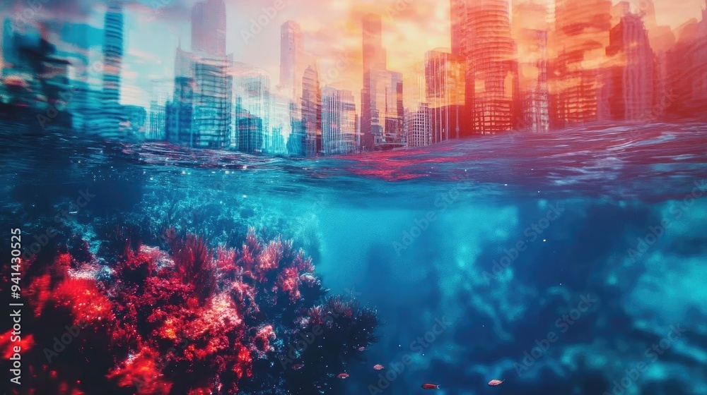 A stunning view of an underwater world merging with a vibrant cityscape, showcasing beauty and contrast in nature and urban life. A stunning view of an underwater world merging with a vibrant cityscape, showcasing beauty and contrast in nature and urban life.