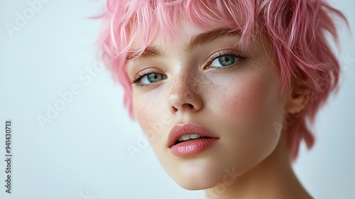 A close-up portrait of a woman with pink hair and freckles captures her unique beauty in fine detail.