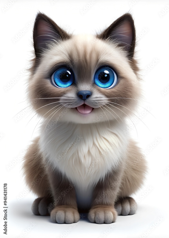 Fototapeta premium Ragdoll cat with a cute face, 3D render, on a white background