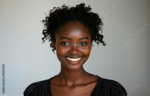 A series of portraits features a smiling young Black woman with natural curls, highlighted against simple white backdrops. 