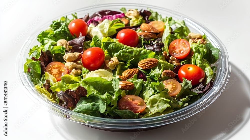 A clean, isolated image of a fresh, healthy salad with mixed greens, cherry tomatoes, and nuts in a round plastic container, more clarity with clear light and sharp focus, high detailed A clean, isolated image of a fresh, healthy salad with mixed greens, cherry tomatoes, and nuts in a round plastic container, more clarity with clear light and sharp focus, high detailed