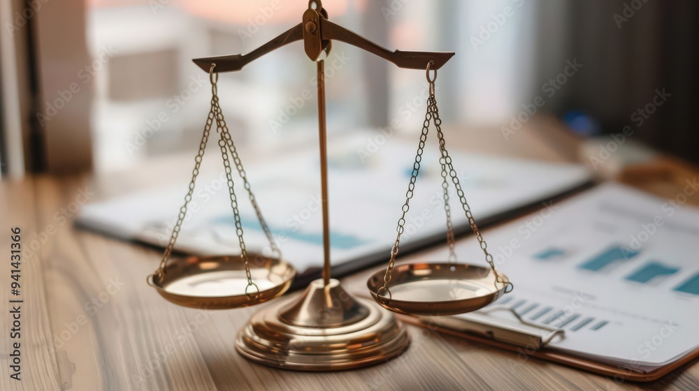 Legal scales balanced perfectly, with business documents in the background Legal scales balanced perfectly, with business documents in the background