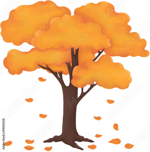 Autumn Tree with Golden Leaves Colorful Tree Illustration